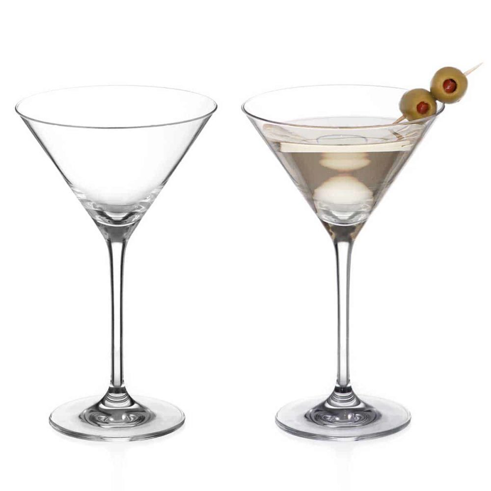 Two Martini cocktail glasses with olives