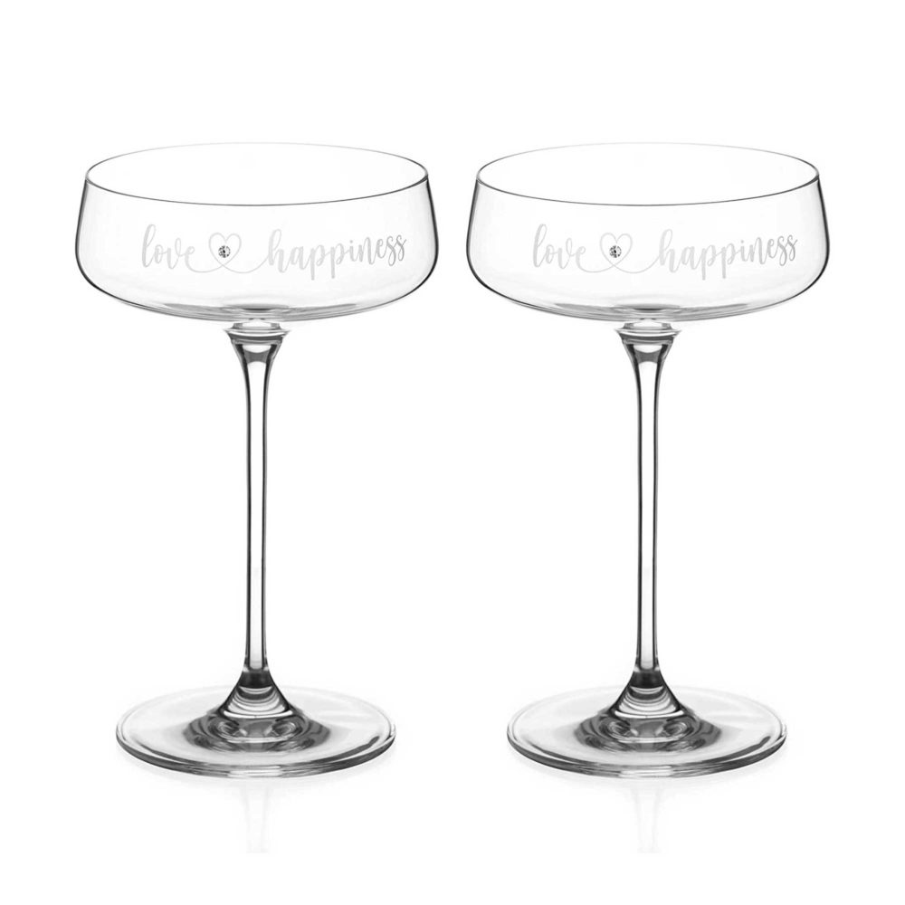Love and happiness text on champagne saucer