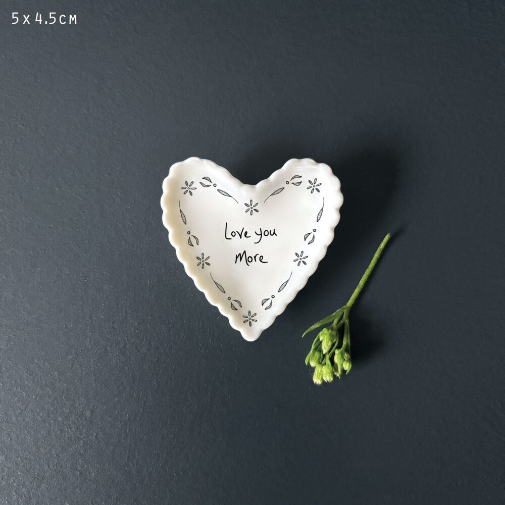 Small Heart Porcelain Dish “Love You More” – Scalloped Trinket Dish
