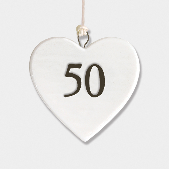 Alternative view of Mini Porcelain Hanging Heart – “50” Birthday Keepsake Elegant Milestone Gift