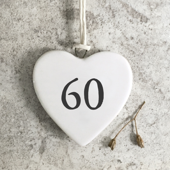 Mini Porcelain Hanging Heart – “60” Birthday Keepsake Elegant Milestone Gift